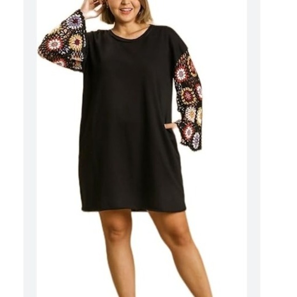 Umgee French Terry Round Neck‎ Dress Crochet Sleeve Long Sleeve Size S New - Picture 1 of 9